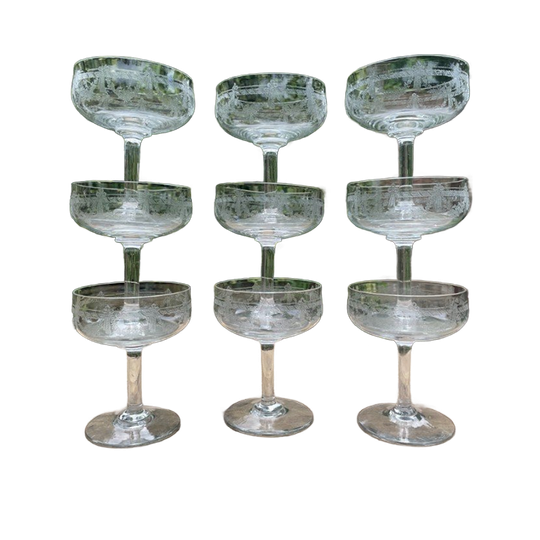 9x 19e Eeuwse Champagne Coupes Glazen Fijn Gegraveerd Frans 1