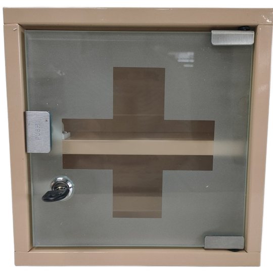 Bruin /beige Metalen Medicijnkastje Met Glazen Deur Met Kruis. 1