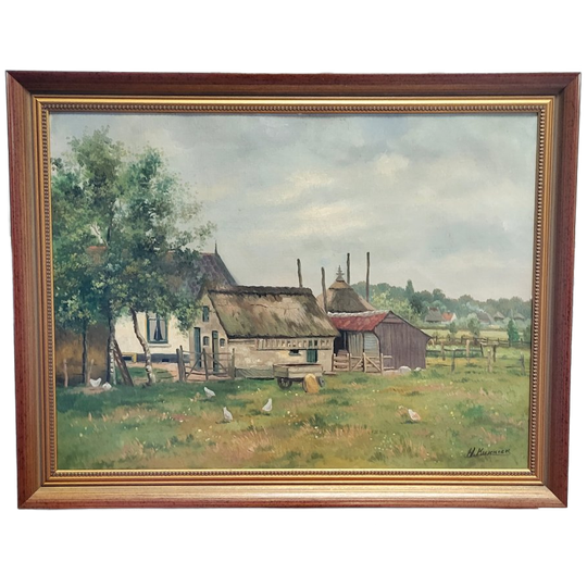 Antieke Schilderij - Een Boerenhoeve In Soest Met Loslopende Kippen Door H.koekoek 1