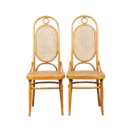 Set Van 2 Hoge Vintage Lichtbruine Bentwood Thonet Stijl Stoelen Model “lange Jan/ Long John” 1