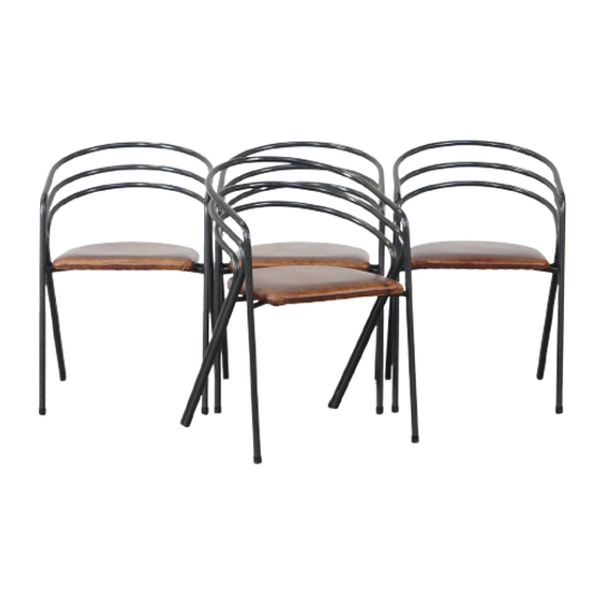 Leuke Set Van 4 Jaren 70 Design Eetkamerstoelen Met Leren Zitting En Metalen Frame 1