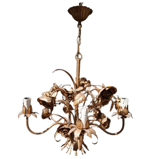 Vintage Kroonluchter Met Vergulde Rozen 1