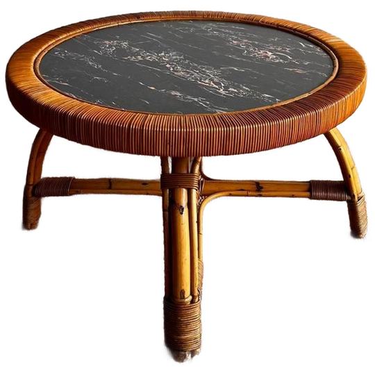 Sale ! Rotan Bamboe Salontafel Met Marmer Look Vintage 1