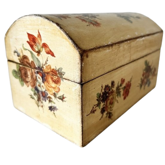 Vintage Handgeschilderde Sieradendoos Hout Brocante Bloemen Crème 1970’s 1