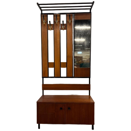 Vintage Staande Houten Kapstok Met Spiegel En Bankje 1