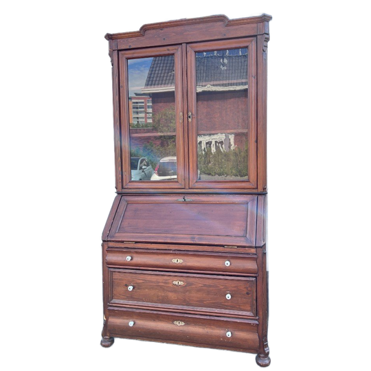 2Delig Donker Grenen Secretaire/ Ladenkast/ Vitrinekast/Boekenkast , Maten Volgen Nog 1