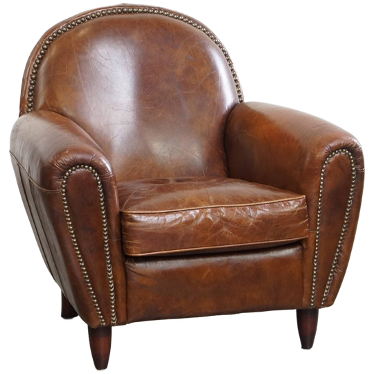 Karaktervolle En Tijdloze Rundleren Design Fauteuil/ Armchair Met Mooie Ronde Vormen En Siernagel 1