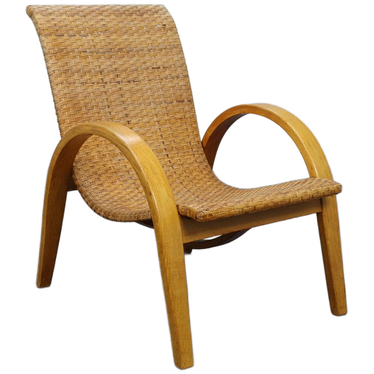 Rare Armchair In Wood And Woven Rattan, 1960s 1