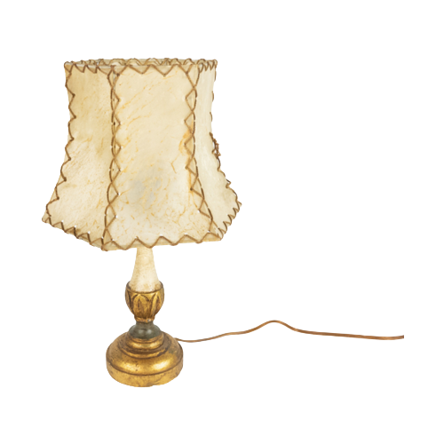 Italiaanse Houten Tafellamp - Verguld - Hollywood Regency Stijl - Varkenshuid Handgemaakte Lampen