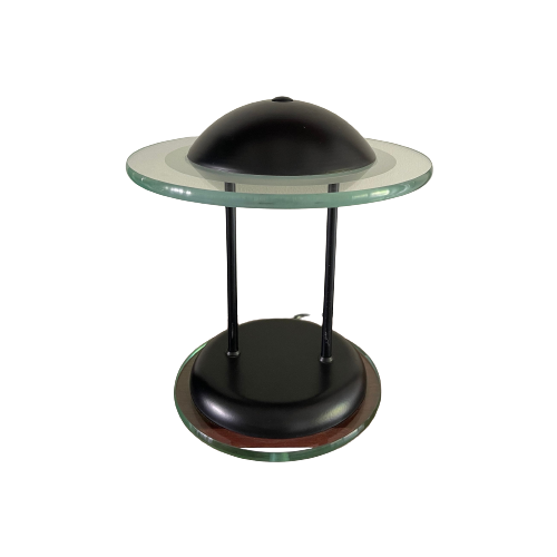 Moderne Vintage Tafellamp Van Zwart Metaal Met Glas. Postmoderne Strakke Lamp Ufo. Gemaakt Door H