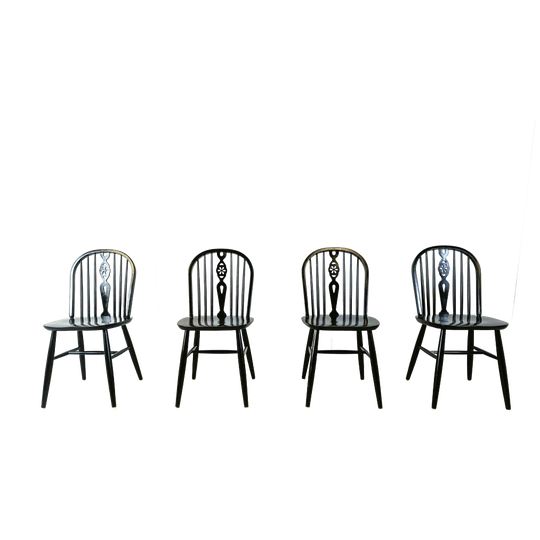Set Of 4 Ebonized Ercol Dining Chairs , 1950's 1