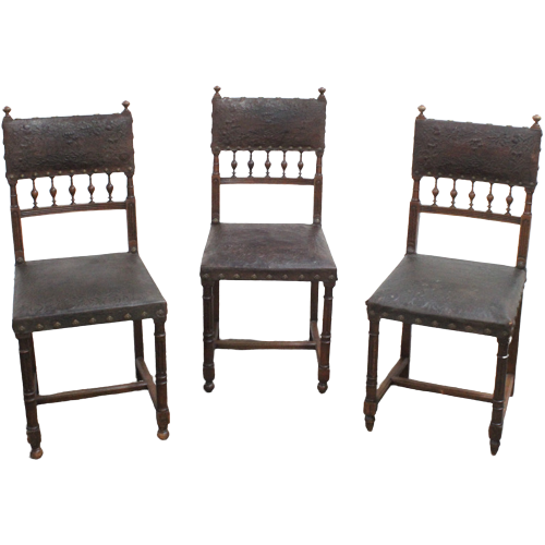 Set Of 3 Renaissance Chairs In Oak And Embossed Leather, 19Th Century, Belgium Prijs/Set