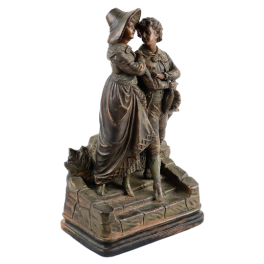 Terracotta Sculptuur Jong Koppel Antiek Romantisch Beeld Terre Cuite Aardewerk 35cm 1