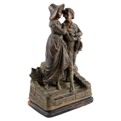 Terracotta Sculptuur Jong Koppel Antiek Romantisch Beeld Terre Cuite Aardewerk 35Cm