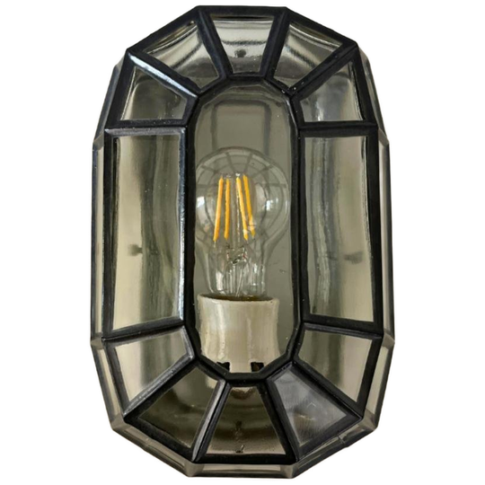 Vintage Wandlamp Glas In Lood, Zwart Staal - Industrieel 1