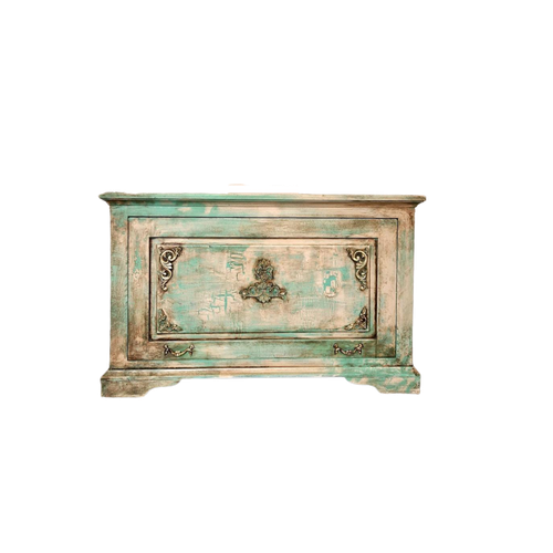 Shabby Chic Kast/Vintage Look Dekenkist In Old White En Turquoise