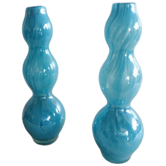 Vintage Glazen Vazenset Turquoise Handgemaakt 1