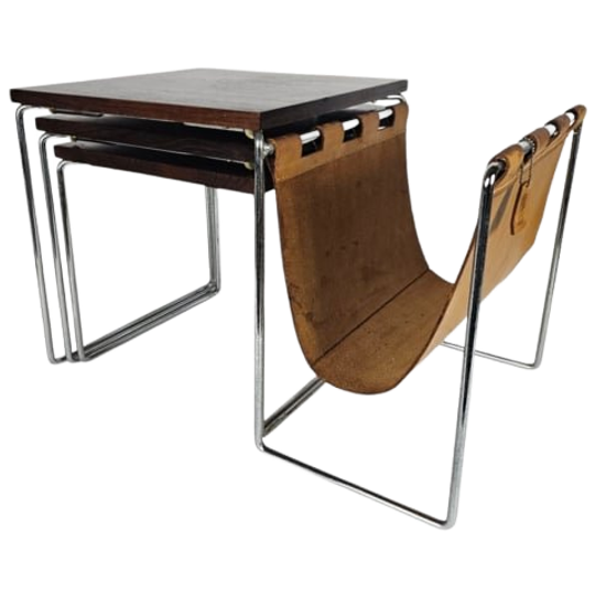 Dutch Design - Brabantia Holland - Mime Set - Lectuurbak - Vintage Bijzettafel Met Cognac Tuigler 1