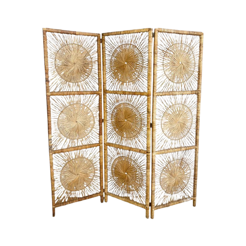 Vintage Rieten Rotan Kamerscherm Sunburst Zon Roomdivider