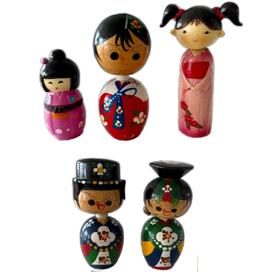 5 X Leuke Houten Japanse Stijl Beeldjes Met Bewegende Hoofd 1