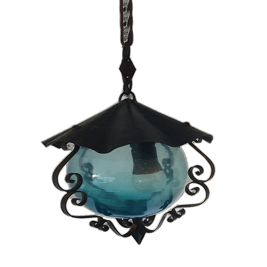 Vintage - Hanglamp - Plafondlamp - Blauw Glas - Metaal En Glas. 1