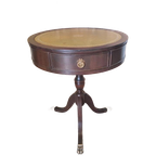 Antieke Pedestal Tafel, Bijzettafel Met Lederen Inleg, thumbnail 1