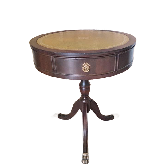 Antieke Pedestal Tafel, Bijzettafel Met Lederen Inleg, 1