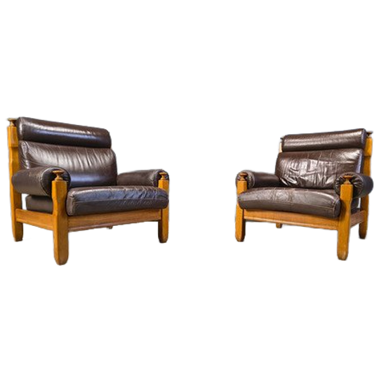 Vintage Rustic Brown Leather And Oak Armchairs, 1960s - Set Of 2 1
