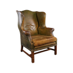 Ongeëvenaarde Groene Gepatineerde Antieke Wingback Oorfauteuil thumbnail 1