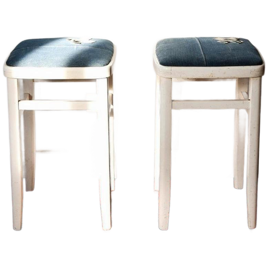 Set Van 2 Vintage Krukken, Krukjes Met Jeans Stoffering 1