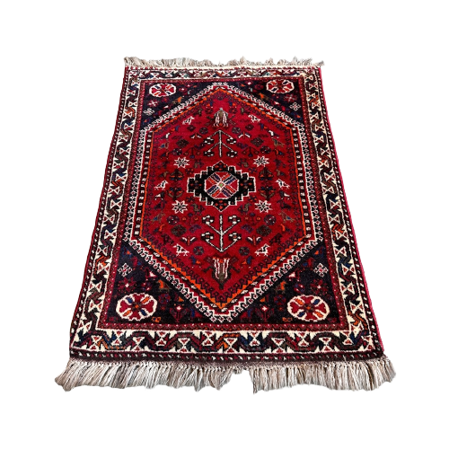 Handgeknoopt Shiraz Vloerkleed Van Wol 85X120Cm - Perzisch Tapijt Rood Wit - Reliving