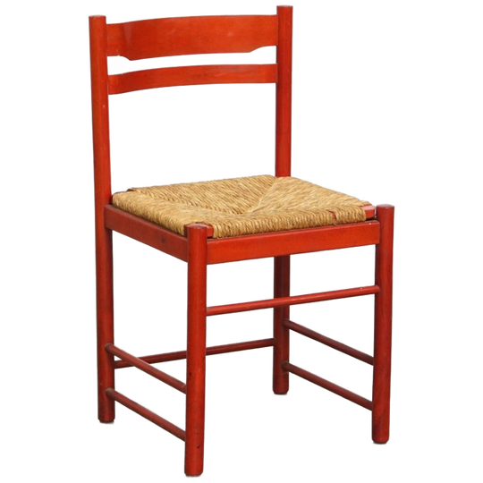 Leuke Rode Vintage Houten Jaren ’70 Stoel Met Een Gevlochten Rieten Zitting 1