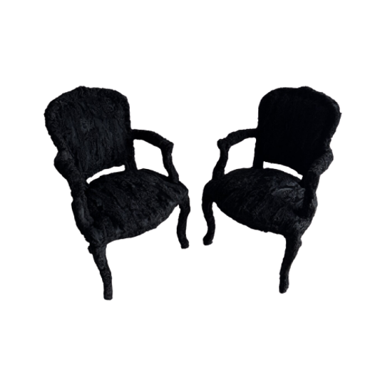 Set Van 2 Zwarte Stoffen Stoelen Met Prachtige Afwerking In Veren 1