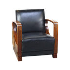 Unieke Cognac Kleurige Rundleren Artdeco Design Fauteuil Gecombineerd Met Hout thumbnail 1