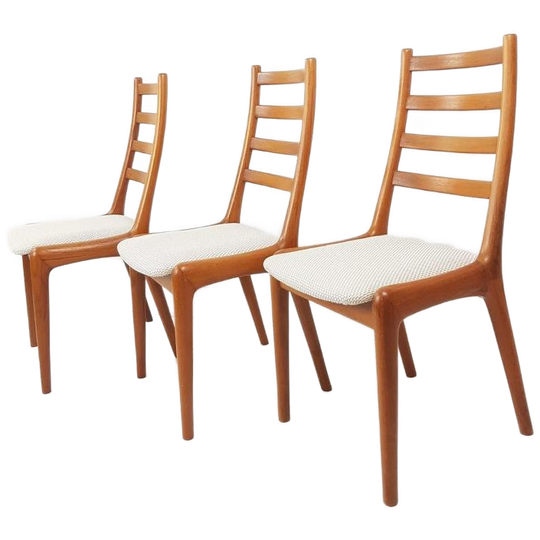 3 Vintage Massief Teak Houten Stoelen Nieuw Gestoffeerd 1