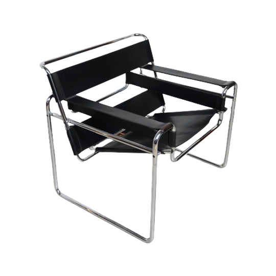 Wassily Armchair In Chrome Steel And Black Leather By Marcel Breuer, Italy 19600 1