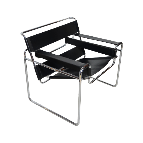 Wassily Armchair In Chrome Steel And Black Leather By Marcel Breuer, Italy 19600