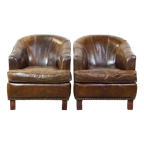 Set Van 2 Stoere Design Fauteuils Gemaakt Van Rundleer Met Een Prachtige Diepe Kleur thumbnail 1