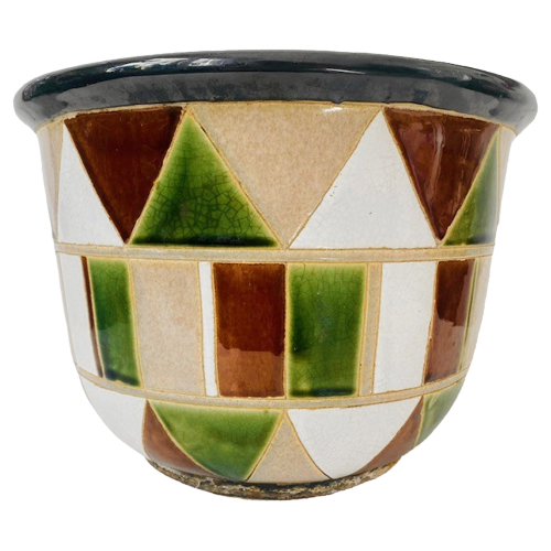 Xl Vintage Bloempot Cache-Pot Keramiek Geometrisch