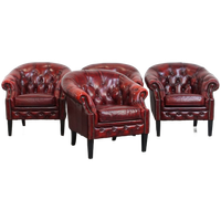 Unieke Set Van 4 Mooie Engelse Rundleren Chesterfield Clubfauteuils In Een Gevlamde Rode Kleur