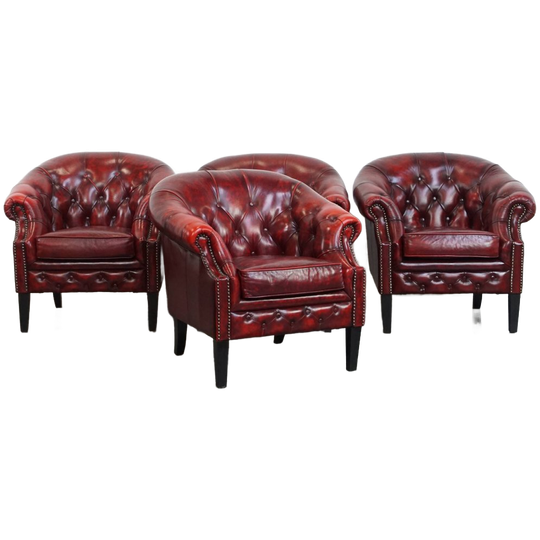 Unieke Set Van 4 Mooie Engelse Rundleren Chesterfield Clubfauteuils In Een Gevlamde Rode Kleur 1