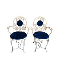 Brocante Vintage Smeedijzeren Set Stoelen Met Blauw Velours