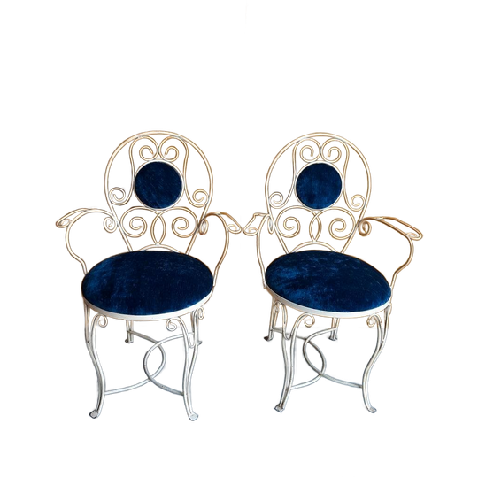 Brocante Vintage Smeedijzeren Set Stoelen Met Blauw Velours 1