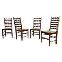 Set Of 4 Oak, Rustic, Farmhouse, Ladderback Dining Chairs With Rush Seats 1960s