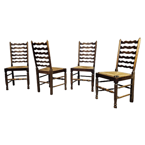 Set Of 4 Oak, Rustic, Farmhouse, Ladderback Dining Chairs With Rush Seats 1960S