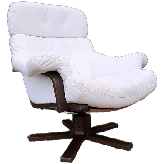 Vintage Design Fauteuil Wit Leer Houten Poot Draaifauteuil 1