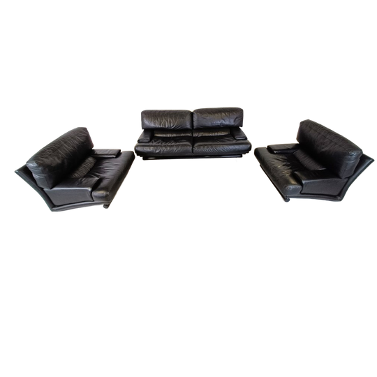 Vintage Black Leather Sofa Set, 1970s 1