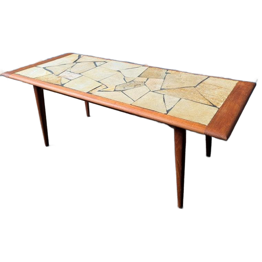 Vintage Teak Salontafel Met Leisteen Blad 1