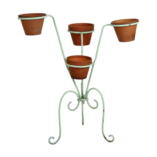 Vintage Frans Plantenrek Plantenstandaard Smeedijzer 4 Houders Terracotta