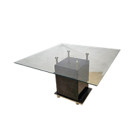 Grote Vintage Vierkante Glazen Tafel Zwart Marmeren Voet / Vintage Square Glass Table Marble Base